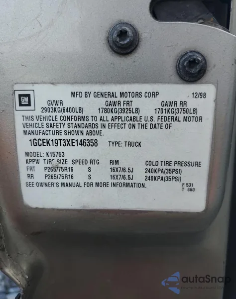 1999 Chevrolet Silverado K1500 from USA, damaged, VIN 1GCEK19T3XE146358